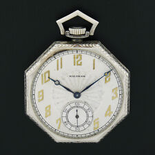 14k White Gold Waltham Grade 225 17j Pocket Watch in Open Face Elgin Giant Case
