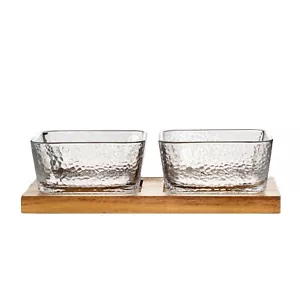 Partitioned Serving Dish on Wood Tray, Condiment Sauce Snacks Set of 2 Bowls - Picture 1 of 8