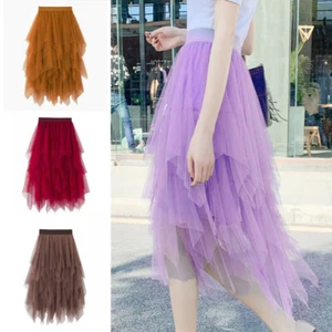 Women High Waist Ruffle Mesh Tutu Maxi Skirt Irregular Tulle Pleated Long Skirts - Picture 1 of 22