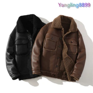 Hot Thickened Faux Leather Mens Winter Suede Jacket Warm Biker Coat Black/Brown - Picture 1 of 22