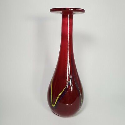 Vintage Mid Century Modern Red Ruby Art Glass Vase Color Swirl Signed • 85€
