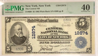 1902 $5.00 Central National Bank Of The City Of New York PMG EF 40 Charter 12874 - Image 1 of 2