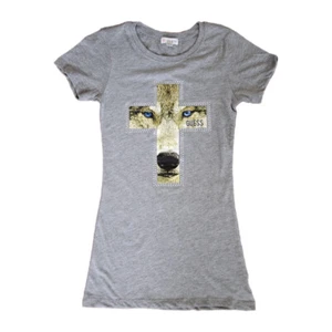 Guess Women Gray Wolf Head Crossing Graphic Tee T-Shirt Top - Picture 1 of 3
