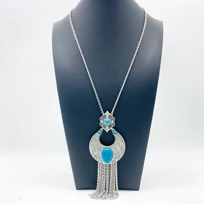 Silver Tone Boho Necklace Blue Bead Pendant Chain Fringe Signed LIA SOPHIA - Image 1 of 4