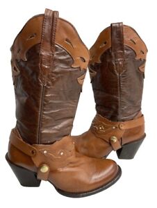 Two Tone Brown Harness Leather Western Cowgirl Studded Boots Women's 5