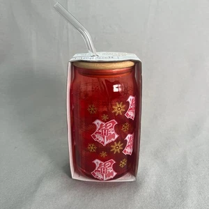 Harry Potter Hogwarts Red Glass Tumbler Bamboo Lid Glass Straw 16oz Crests/Snow - Picture 1 of 4