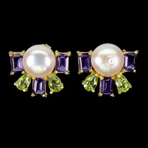 925 Sterling Silver Earrings Octagon Amethyst Peridot Pearl Gemstone Jewelry - Picture 1 of 13