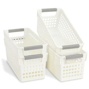 Storage Baskets for Shelves - 4-Pack White Plastic Baskets w/ Gray Handles, 1... - Bild 1 von 9