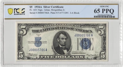 Certificado de plata Fr.1651 1934A $5 número de serie PCGS gema UNC 65 PPQ Foto 1 de 2