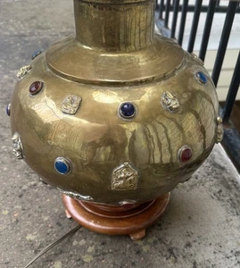 Large VTG Brass India HINDU Symbols Table Lamp Inset Colored Stone “Jewels” - Picture 1 of 12