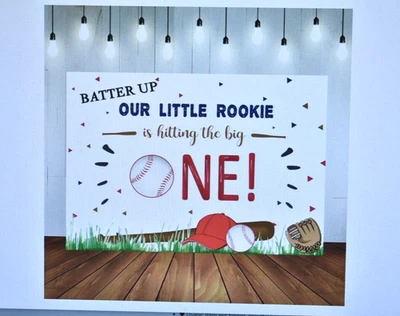 Telón de fondo de fiesta de primer cumpleaños Lofaris de béisbol nuestro pequeño novato decoración de 7'x 5' Foto 1 de 4