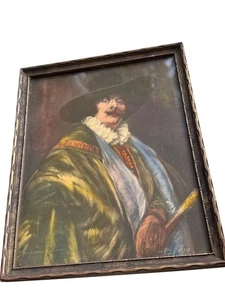 Antique 1920s Musketeer Lithograph Signed Gentleman Feather Hat Framed Print - Picture 1 of 8