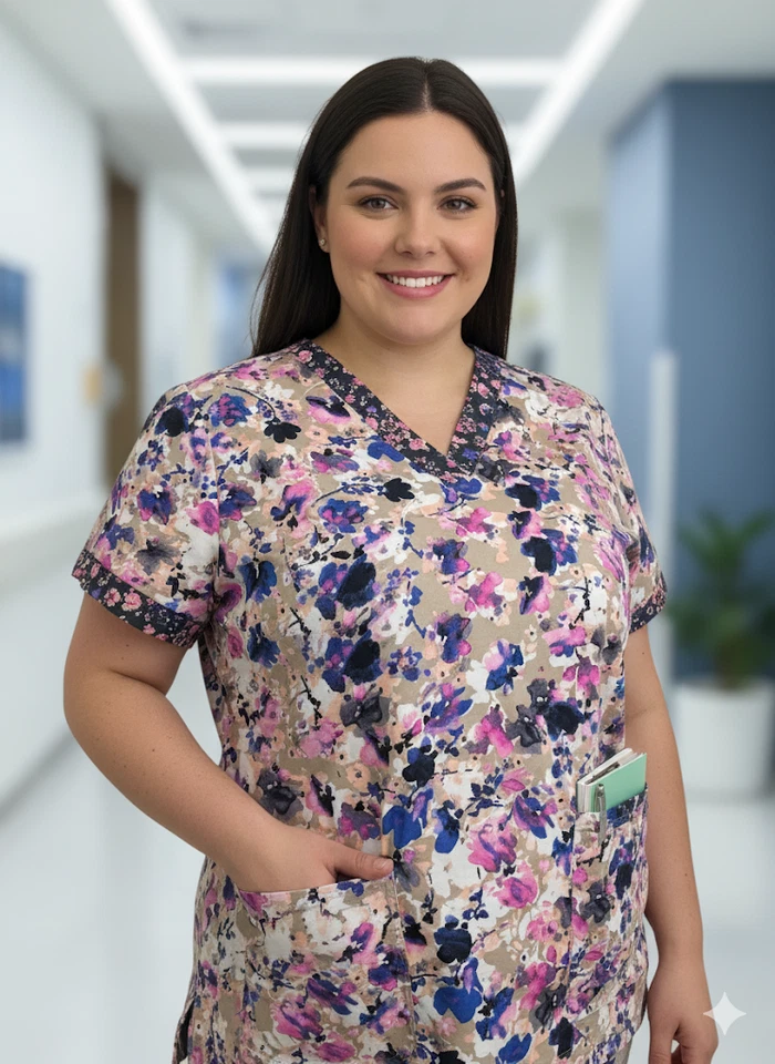 Blusa Médica Koi Elástica Cuello en V Floral | XL, Multicolor, 98% Mezcla de Algodón Foto 1 de 4