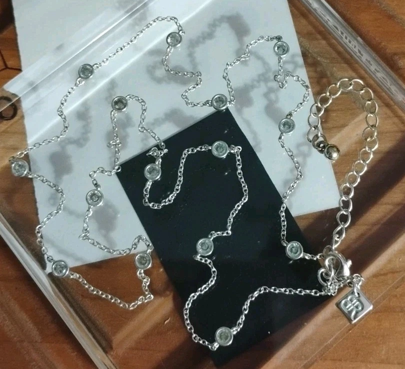 Delicado! BANANA REPUBLIC BR Bisel Plateado Conjunto Gemas Cristal 23"+ Collar! Foto 1 de 4