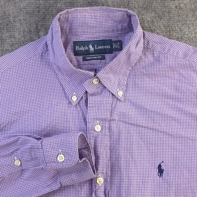 Ralph Lauren 正装衬衫 15.5 34/35 定制版型紫色格子纽扣小马 — 第 1/4 张图片