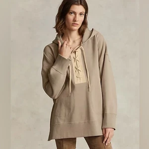 Polo Ralph Lauren Oversized Lace-Up Fleece Hoodie Tan Size XS / S - Picture 1 of 8