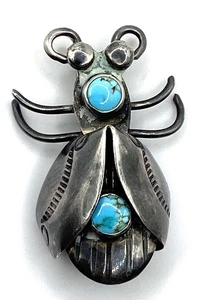 Prendedor/broche vintage navajo nativo americano turquesa plata esterlina abeja - Imagen 1 de 7