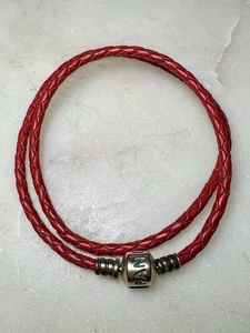 Bracciale Pandora Rosso Doppio Avvolgimento Pelle Argento Chiusura a Botte - Foto 1 di 6