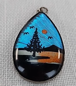 Vintage Art Deco Mott Morpho Butterfly Wing Pine Tree Pendant Jewelry  - Picture 1 of 6