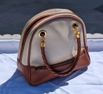 Винтажная купольная мини-сумка Bottega Veneta, тканая и кожаная, коричневая и бежевая - Изображение 1 из 4