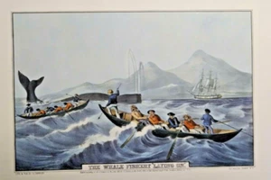 The Whale Fishery "LAYING ON" -Currier & Ives 19x14 - Picture 1 of 1