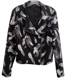 Express Feather Print Moto Jacket Size M Black Gray White Art To Wear Scuba Knit - Picture 1 of 12