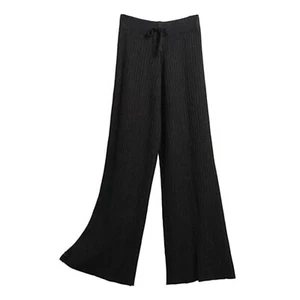 Elastic High Waist Knit Pants Drape for Women Ribbed Straight Wide Leg Style - Picture 1 of 12