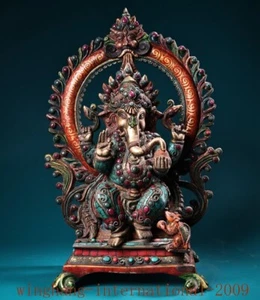 Tibetan Buddhism copper painted inlay Gem turquoise Elephant Jambhala statue - Picture 1 of 9