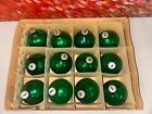 12 Vintage Green Glass Balls CHRISTMAS TREE ORNAMENTS in Original Box