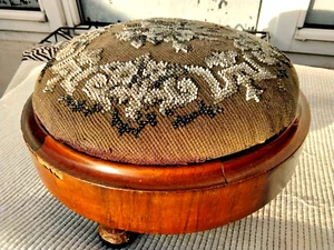 ANTIQUE VICTORIAN WOODEN ROUND FOOT STOOL with BEADED PADDED TOP - Picture 1 of 12