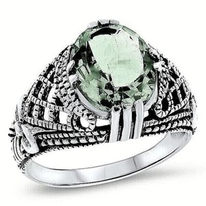 GENUINE GREEN AMETHYST 925 STERLING SILVER DECO ANTIQUE STYLE FILIGREE RING 992Z - Picture 1 of 1