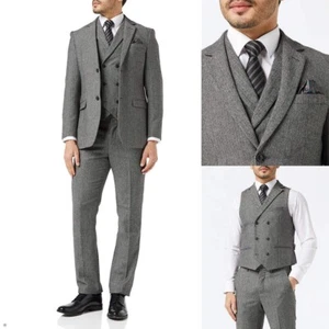 Herren Weste Grau Fischgräte Tweed Anzug Jackett Sakko Formel Hochzeit Business - Picture 1 of 13