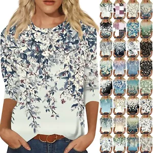 Ladies Print Summer Casual Women's Round Neck 3/4 Sleeve Tops Blouse T Shirt 8 - Picture 1 of 33
