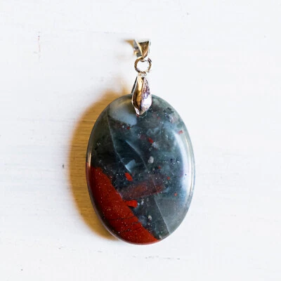 Pendentif Ovale JASPE HÉLIOTROPE ou SANGUIN Pierre naturelle Reiki Énergie - Photo 1/3