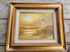 Vintage Original Öl auf Leinwand Gemälde, Leuchtturm am Meer gerahmt & signiert - Bild 1 von 9