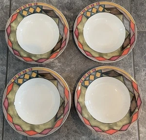 Set of 4 Palazzo Sasaki Paula Zanger Diamond Geometric Rimmed soup bowls 8 3/4" - Picture 1 of 4