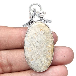 Necklace Fossil Coral Gemstone Handmade Jewelry 2.25" - Picture 1 of 8