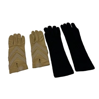 Guantes vintage para mujer dos pares de cuero sintético tostado y tejido negro talla S-M Foto 1 de 4