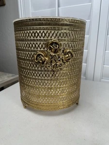 Ormulo Hollywood Regency Waste Basket Roses Gold Filigree Ornate Metal - Picture 1 of 12