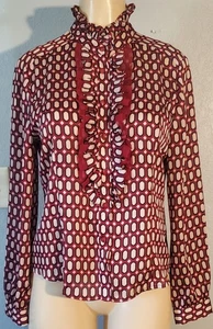 Damen 70er Retro Stil Geometrisch Rot Mehrfarbig Rüschen Button Down Hoher Ausschnitt... - Bild 1 von 6