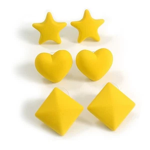 Star/Heart/Diamond Shaped Bright Yellow Matte Acrylic Stud Earrings - Set Of 3 - Picture 1 of 6