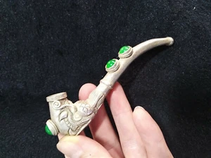 Colección Antigua Exquisita Jade Plata Tibetana Cabeza de Dragón Pipa Herramienta de Humo Estatua - Imagen 1 de 10