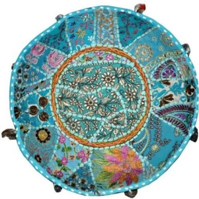 Indian Pouf Ottoman Patchwork Pouffe Footstool Round Poof Floor Footstoole Cover - Image 1 of 4