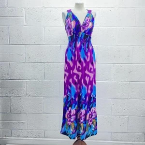 SEVEN STAR PURPLE BLUE FLORAL MAXI DRESS SLEEVELESS FLARE GATHER SLINKY Y2K UK 8 - Picture 1 of 6