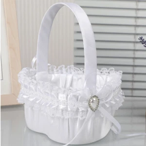 Streukörbchen aus Satin Hochzeit Kinder Blumenkörbchen Lace Deko Blumenkorb Weiß - Bild 1 von 7