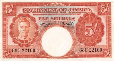 Jamaica  5/-  15.6.1950  P 37a  Series  88C  Circulated Banknote Me#E - Image 1 of 2
