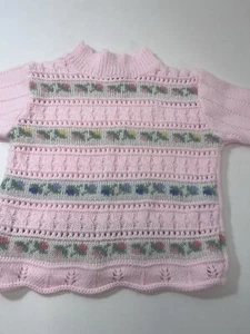 70s Baby Sweater Pink Acrylic Made in Phillipines 3 - 6 months Flowers - Picture 1 of 17