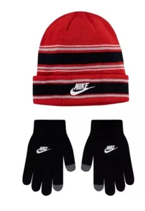 New NWT Nike Youth Boys Winter Hat Beanie 2 Pc Red Black Stripe Hat Gloves 8-20 - Picture 1 of 3