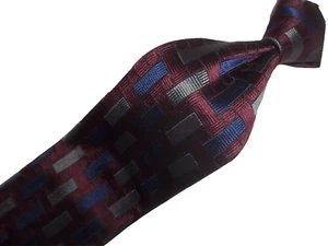Hickey Freeman Hand Folded Neck Tie Burgundy, Blue, Gray Woven Silk Tie 58"Lx4"W - Picture 1 of 6