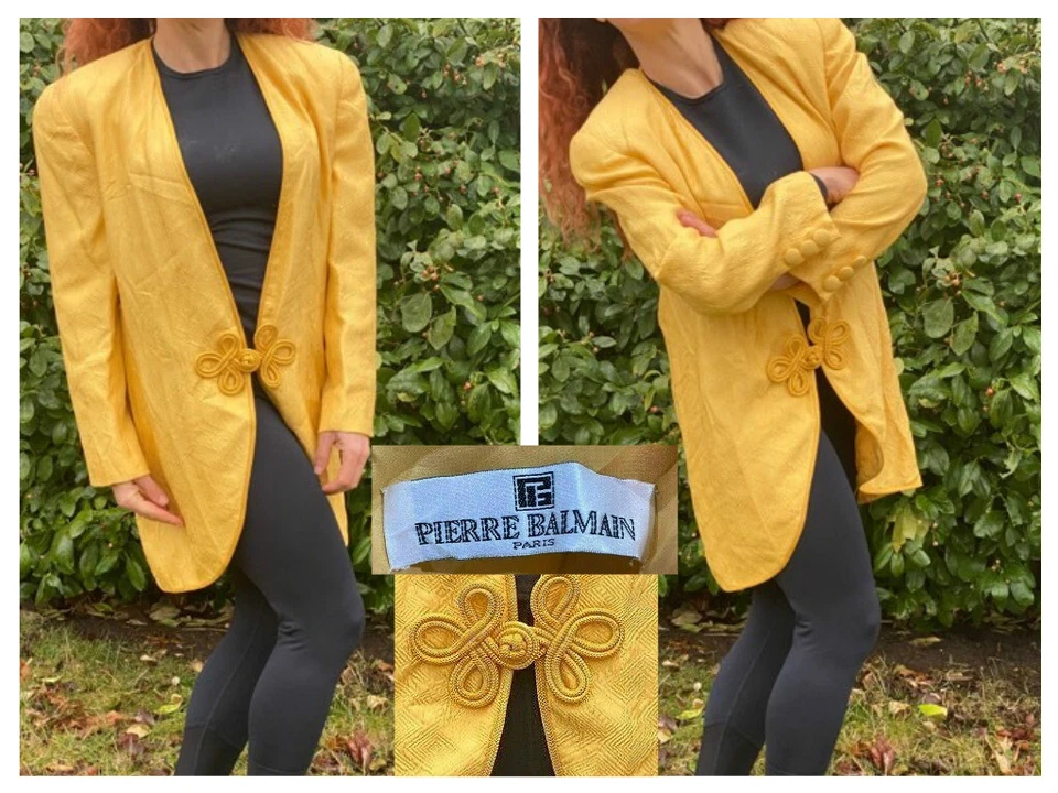 CHAQUETA BLAZER SEÑORA VINTAGE PIERRE BALMAIN AMARILLO SEDA CIERRE RANA MILITAR 8 Foto 1 de 4